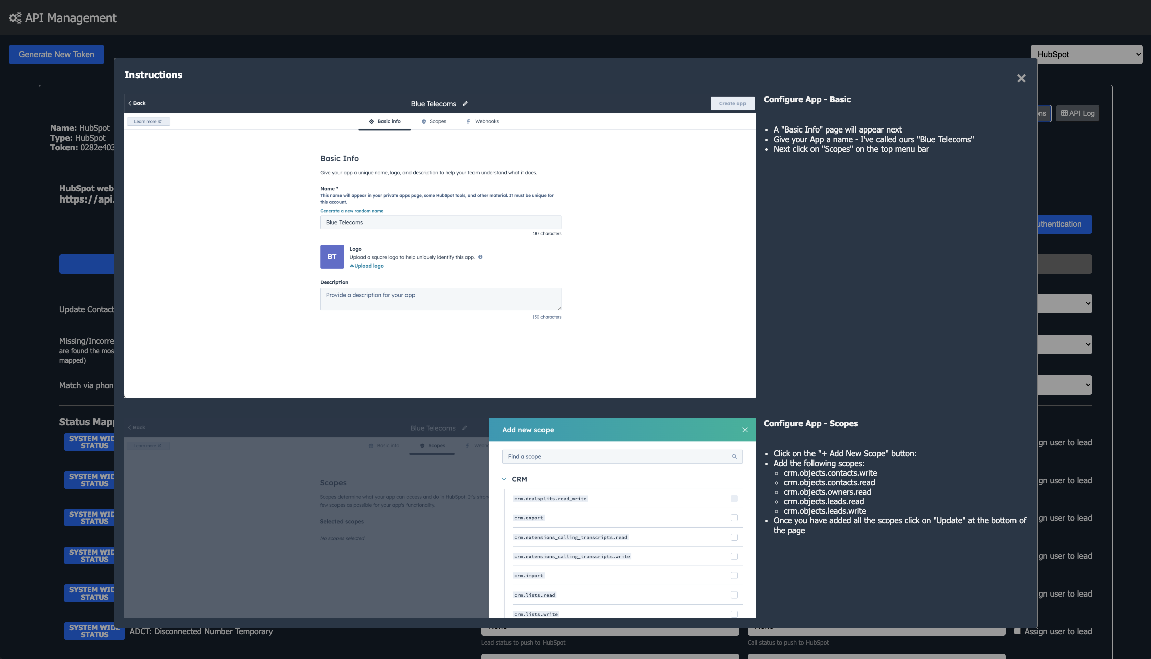 Blue Telecoms HubSpot CRM integration setup showing API configuration and scope permissions