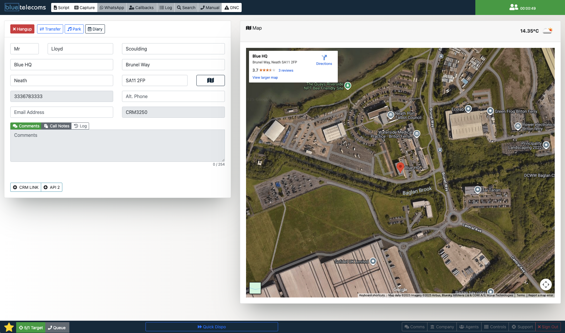 Blue Telecoms agent interface showing customer details, call scripting, and integrated map view