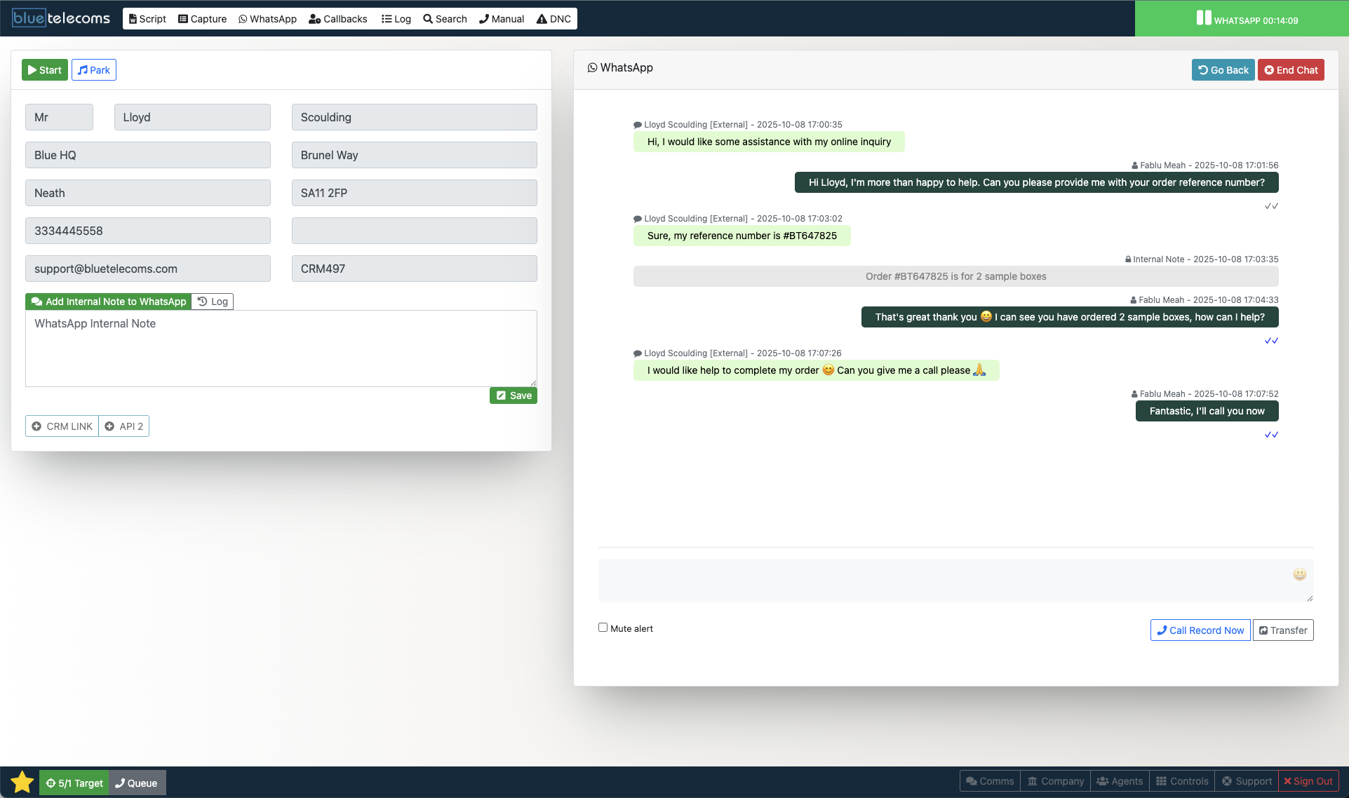 Blue Telecoms platform showing WhatsApp integration with live customer conversation